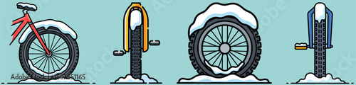 Illustration of four bicycle components covered in snow, including a red bike, yellow fork, black wheel, and blue rear wheel, on a light blue background