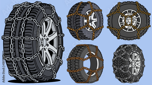 Illustration of various types of tires equipped with snow chains, showcasing different designs and patterns, set against a blue background for clarity and focus.