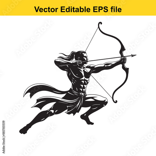 Dynamic illustration of a muscular archer drawing his bow, ready to fire with precision, isolated on, vector editable eps file