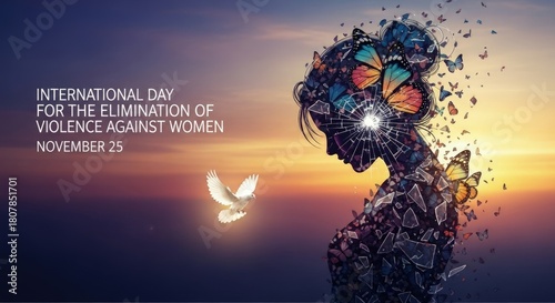 Silhouette of a woman shattering into bright butterflies, with a white dove flying peacefully against a vibrant sunset sky. Concept of ending harm against women, female strength, freedom and hope.