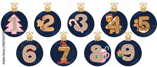 numbers 1 - 9 as a symbol of days remaining until christmas: set of navy blue baubles with golden bow and funny elements isolated over white (transparent) background