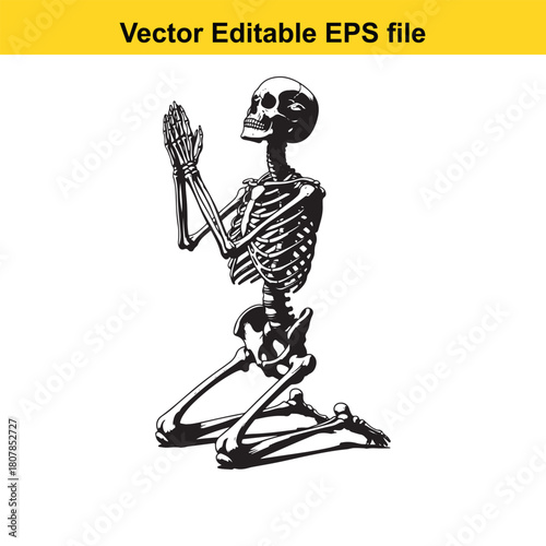 Illustration of a skeleton kneeling in prayer, its bony hands clasped together in supplication, a poignant symbol of mortality and faith isolated on