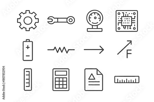 Engineering Formula Icons. Engineering formulas. Line icon set of engineering formulas: gear, torque wrench, pressure gauge, circuit board, battery, resistor,