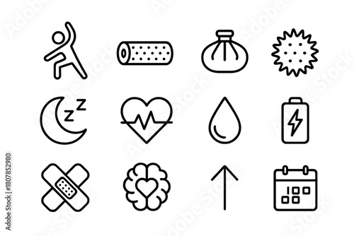 Recovery Icons Set. Recovery and resilience. Line icon set of recovery and resilience: stretching figure, foam roller, ice pack, massage ball, sleep moon,