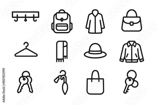 Organized Hallway Icons. Organized hallway system. Line icon set of Organized hallway system: wall hook, backpack, coat, handbag, hanger, scarf, hat, jacket,