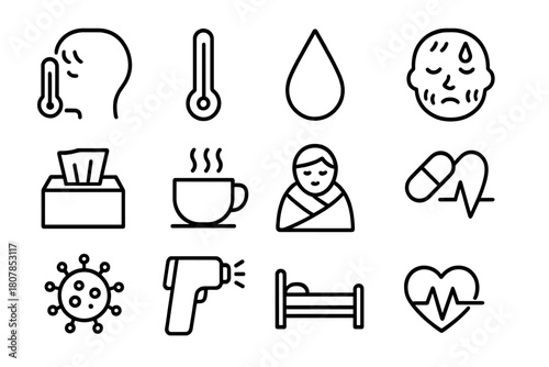 Fever Icons Set. Person with fever. Line icon set of person with fever: head silhouette, thermometer, sweat drop, hot face, tissue box, cup of tea, blanket,