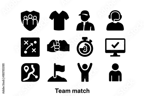 Team Match Icons. Team Match. Solid icon set of Team Match: team logo, jersey, coach, analyst, strategy board, fist bump, countdown timer, ready check,
