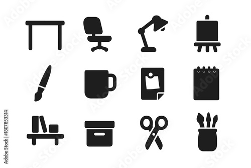 Creative Workspace Icons. Creative workspace. Solid icon set of Creative workspace: desk, chair, lamp, canvas, paintbrush, coffee mug, notes, sketchpad, wall