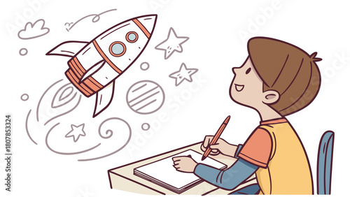 Boy drawing rocket on notebook while dreaming of space journey. The child focuses on creative expression at desk with colorful imagination of rocket and planets in background.