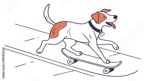 Dog riding skateboard on sidewalk with joyful expression and playful stance. Skateboarding dog showcases energy and enthusiasm while moving along the path.