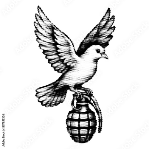 Bird with grenade vintage y2k halftone art, explosive stipple brutalist retro vector png with transparent background, rebel 2000s aesthetic photocopy effect tattoo