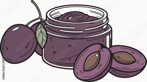 Plum jam in open jar with fresh plums and sliced halves showcasing rich texture and vibrant color. Plum jam is ideal for breakfast spreads and dessert toppings, perfect for culinary creations.