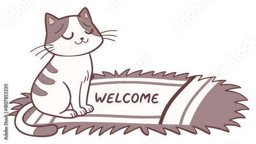 Cat sitting on welcome mat with cheerful expression, adorable feline resting peacefully on cozy mat. Concept cat sitting makes for charming home decor or welcoming theme.