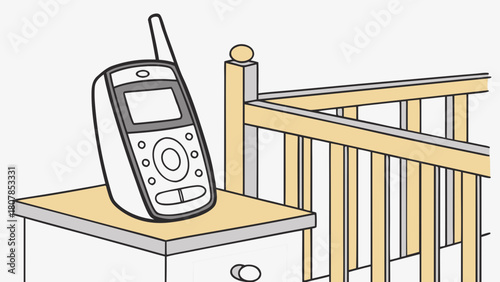 Baby monitor on nightstand next to crib for keeping watch on child. Baby monitor features clear display and controls for ambient noise monitoring