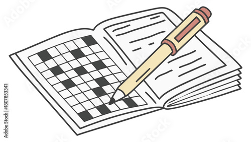 Crossword puzzle book with pencil lying on open page featuring completed sections. Engaging crossword puzzle activity with satisfaction from gathering answers encourages mental sharpness.