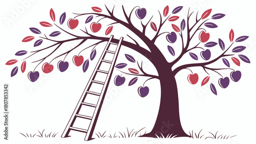 Plum tree with fruit and a leaning ladder isolated on white background. Vibrant plum tree features ripe fruits hanging on branches, with a wooden ladder placed beside it.