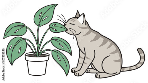 Cat chewing on a leaf of houseplant, curious feline sniffing green leaves near potted plant. Cat engages with houseplant, showcasing natural behavior of exploration and interaction with greenery.