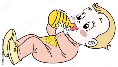 Cute baby chewing rubber toy while lying down in playful pose. Adorable baby enjoys chewing on bright yellow toy, expressing joy and curiosity.