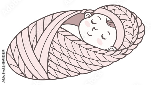 Sweet newborn wrapped in cozy knitted cocoon resting peacefully with closed eyes. Newborn setup includes soft, plush fabric and gentle tones, creating a serene environment for adorable sleep.