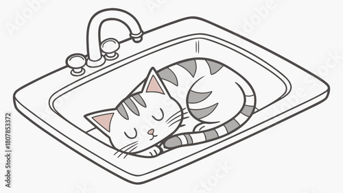 Cat sleeping in sink curled up comfortably, adorable pet resting in kitchen basin with faucet nearby. Concept of relaxed cat in unique sleeping spot for pet lovers and animal enthusiasts.