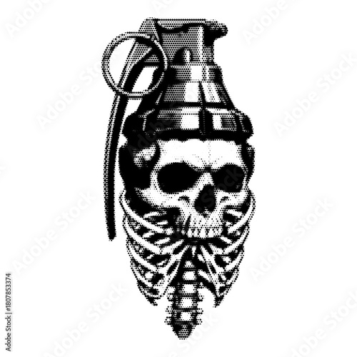 Grenade with skull vintage y2k halftone art, explosive stipple brutalist retro vector png with transparent background, rebel 2000s aesthetic photocopy effect tattoo