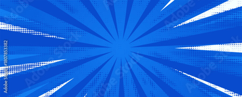 Blue comic sunburst effect background with halftone. Pop art comic-style vector background. Suitable for templates, sale banners, events, ads, web and pages