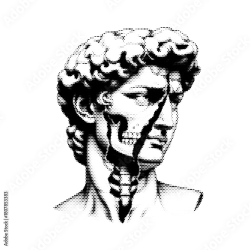 Broken ancient statue head vintage y2k halftone art, cracked sculpture stipple brutalist retro vector png with transparent background, relic 2000s aesthetic photocopy effect tattoo