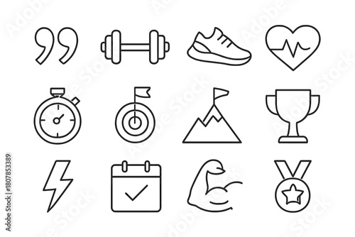 Fitness Icon Set. Fitness tracking. Solid icon set of Fitness tracking: smartwatch, running shoe, heart rate, step counter, dumbbell, stopwatch, water bottle,