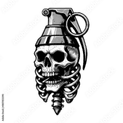 Grenade with skull vintage y2k halftone art, explosive stipple brutalist retro vector png with transparent background, rebel 2000s aesthetic photocopy effect tattoo