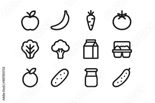 Healthy Grocery Icons. Healthy groceries. Line icon set of Healthy groceries: apple, banana, carrot, tomato, lettuce, broccoli, milk carton, eggs, cheese,