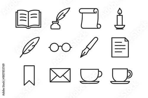 Literature Icon Set. Literature. Line icon set of Literature: open book, quill, inkwell, scroll, candle, feather, glasses, pen, page, bookmark, letter, cup.