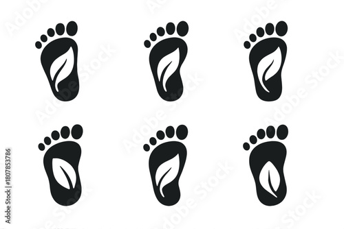 Carbon Footprint Icons. Climate change action. Icon set. Set Logo of Carbon Footprint: Foot with leaf. Negative space, Minimal outline, Symmetrical form,