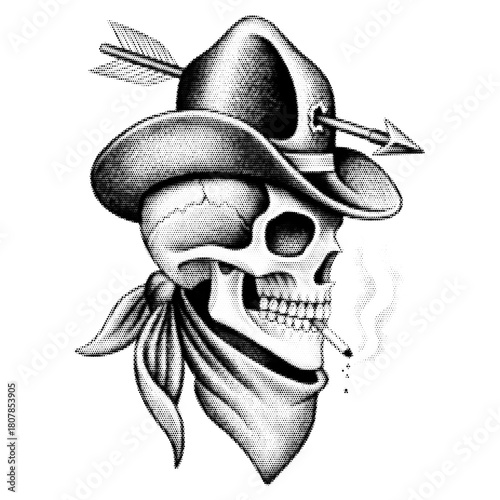 Skull with cowboy hat and arrow vintage y2k halftone art, western outlaw stipple brutalist retro vector png with transparent background, gritty 2000s aesthetic photocopy effect tattoo
