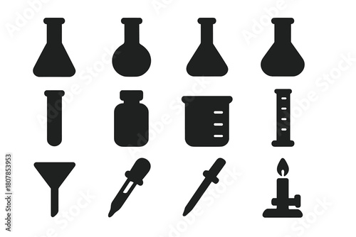 Lab Equipment Icons. Lab Equipment. Solid icon set of Lab Equipment: Erlenmeyer flask, round-bottom flask, volumetric flask, Florence flask, test tube, reagent
