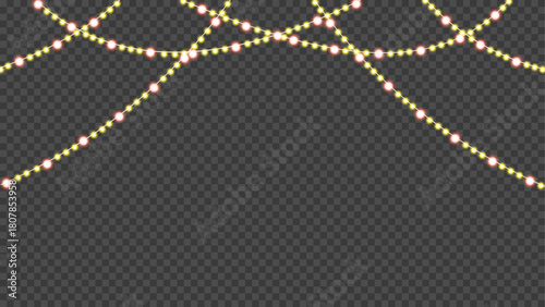 Warm yellow and soft pink glowing string lights garland with crossing curved wires, festive illumination vector overlay for holiday, wedding, or party decoration on transparent background