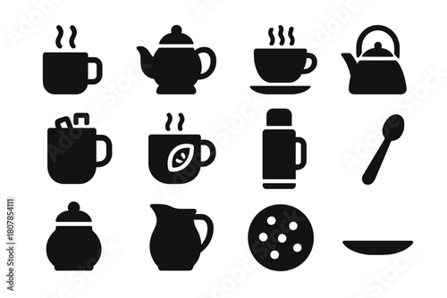 Warm Beverage Icons. Warm Beverages. Solid icon set of Warm Beverages: coffee mug, teapot, cup with steam, kettle, cocoa with marshmallow, mug with lemon,