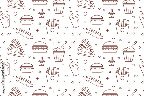 fastfood seamless pattern hamburger pizza fries drinks line art repeat