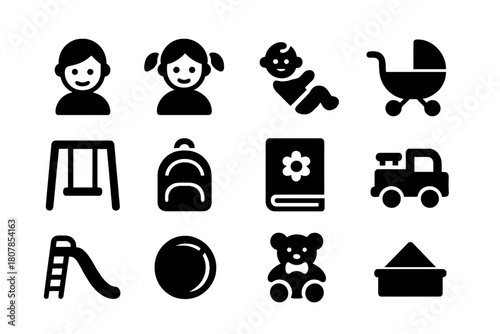 Kids Icon Collection. Young Kids. Solid icon set of Young Kids: boy, girl, baby, stroller, swing, backpack, school book, toy, playground slide, ball, teddy