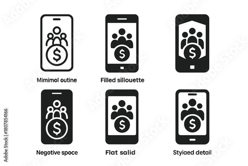 Financial App Logos. Tracking family finances using an app. Icon set. Set Logo of tracking family finances using an app: smartphone with dollar sign.