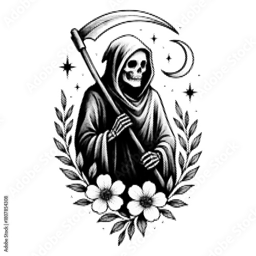 Grim reaper with floral decoration vintage y2k halftone art, gothic bloom stipple brutalist retro vector png with transparent background, dark 2000s aesthetic photocopy effect tattoo