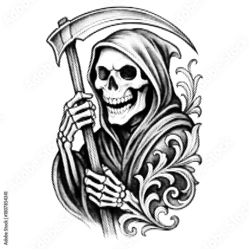 Abstract grim reaper vintage y2k halftone art, gothic spectral stipple brutalist retro vector png with transparent background, dark 2000s aesthetic photocopy effect tattoo