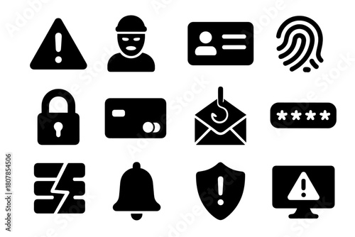 Identity Theft Icons. Identity theft warning. Solid icon set of Identity theft warning: warning triangle, masked hacker, ID card, fingerprint, lock symbol,