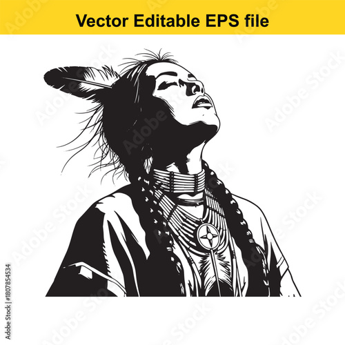 Native american woman in traditional dress looking up to the sky isolated on she is wearing a necklace with a round pendant