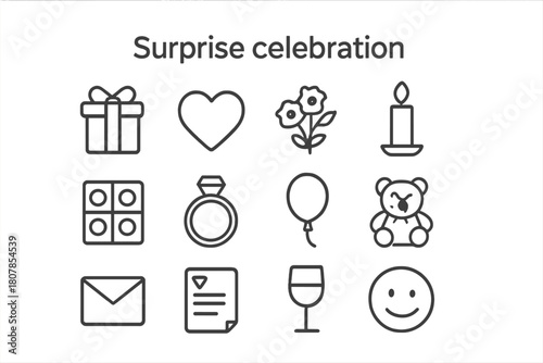 Surprise Celebration Icons. Surprise celebration. Line icon set of Surprise celebration: gift box, heart, flowers, candle, chocolates, ring, balloon, teddy