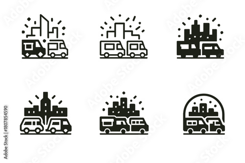 Food Truck Logos. Food truck street parties. Icon set. Set Logo of food truck street parties: barbecue grill beside open truck window. harmonious