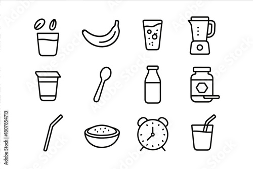 Breakfast Smoothie Icons. Breakfast smoothies. Line icon set of breakfast smoothies: oats, banana, berries, blender, yogurt cup, spoon, milk bottle, honey jar,