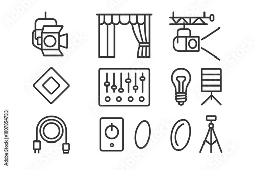 Theatrical Lighting Icons. Theatrical lighting. Line icon set of theatrical lighting: spotlight, curtain, rig, light beam, filter gel, switchboard, bulb, stage