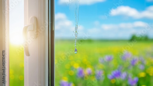 Fototapeta Naklejka Na Ścianę i Meble -  Close-up view through a white window frame with a water droplet on the glass, overlooking a sunny blurred spring meadow with purple flowers

