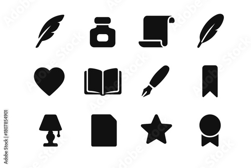 Poetry Icon Set. Poetry. Solid icon set of poetry: quill, ink bottle, scroll, feather, heart, book, pen, bookmark, lamp, paper sheet, star, ribbon. Filled