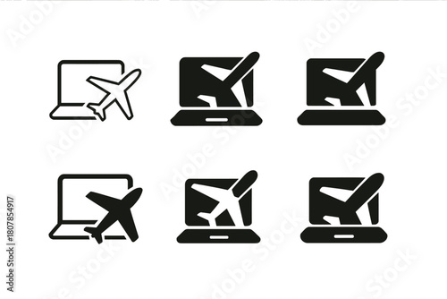 Digital Nomad Icons. Digital nomad lifestyle and travel work. Icon set. Set Logo of Digital nomad lifestyle and travel work: Airplane with laptop. harmonious